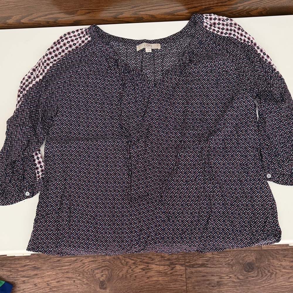 LOFT Navy and White Geometric Blouse